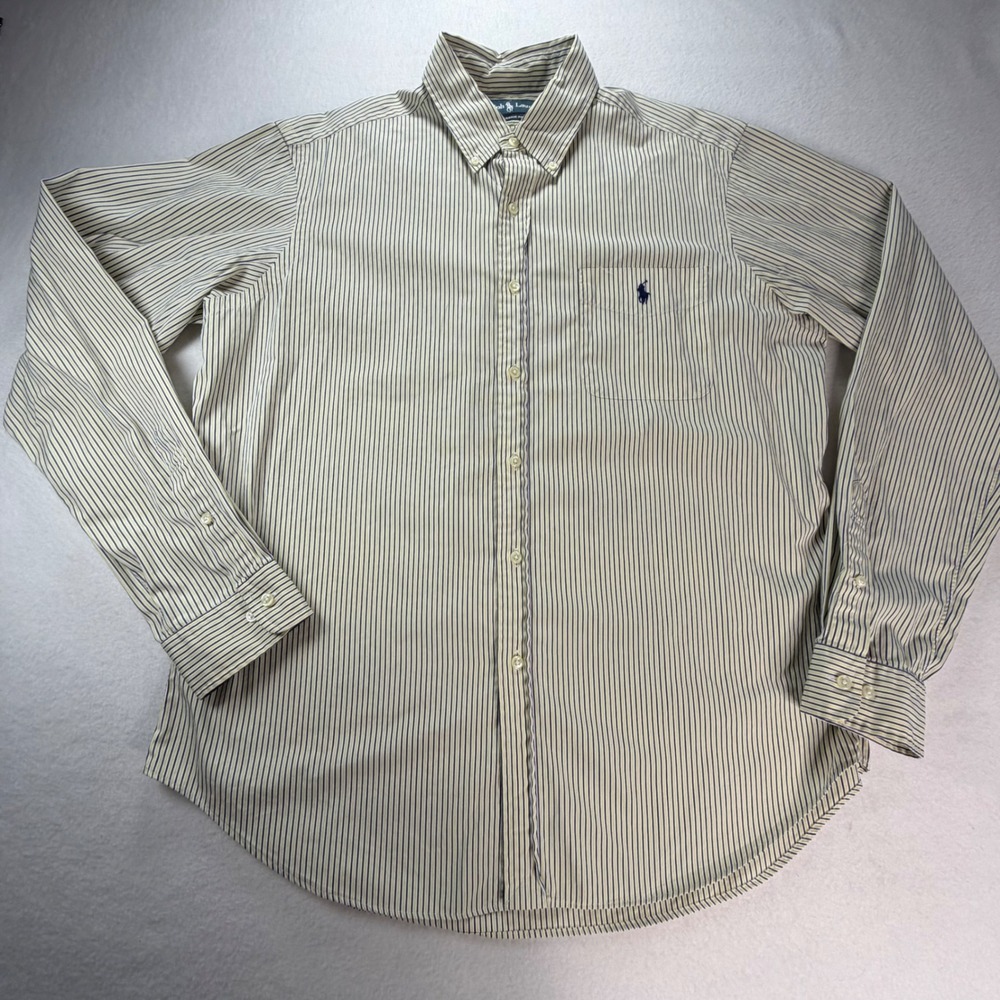Ralph Lauren Classic Fit Striped Button Down Shirt Yellow Navy Blue Mens 16.5 - Picture 5 of 9